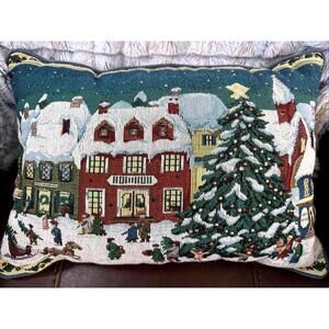 VTG Christmas Tapestry Pillow Victorian Scene Newport Embroidery 12x16”